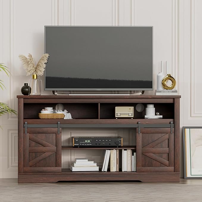 YESHOMY Fireplace TV Stand for Television up to 65+ Inch with Storage and Farmhouse Sliding Barn Doors Entertainment Center with Cabinet and Shelves Media Console for Living Room Dark Brown