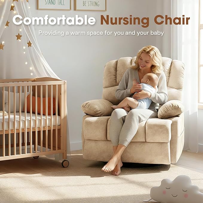 COOSLEEP Oversized Manual Swivel Rocker Recliner Chair Extra Wide Glider Rocker Recliner for Big and Tall Overstuffed Lazy Recliner Chair with High Back Single Sofa Chair for Living Room(Beige)