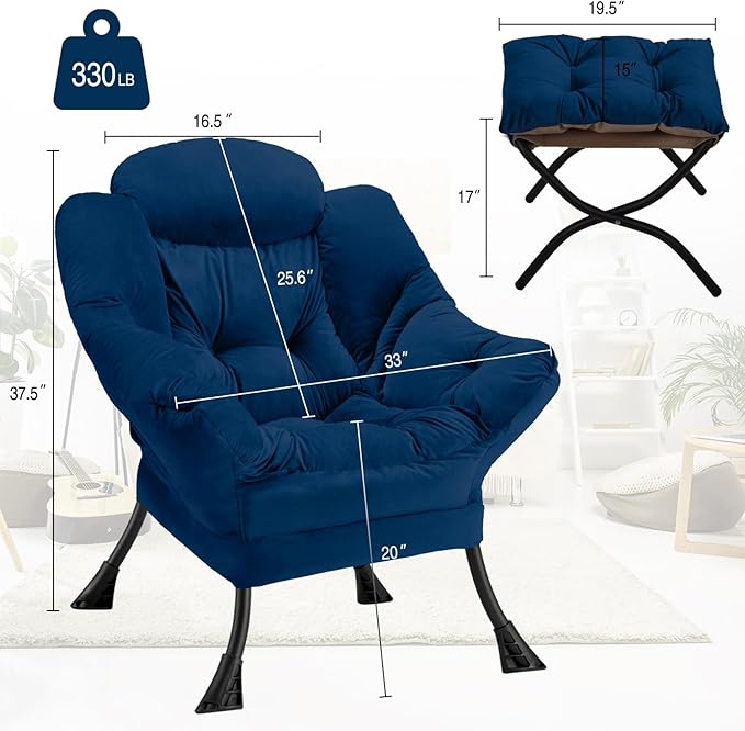 Lazy Chair with Folding Ottoman Modern Large Accent ChairContemporary Lounge Leisure Sofa Chair with Armrests Upholstered Sofa Armchair Reading Chair for BedroomDorm &amp Office(Navy-f)