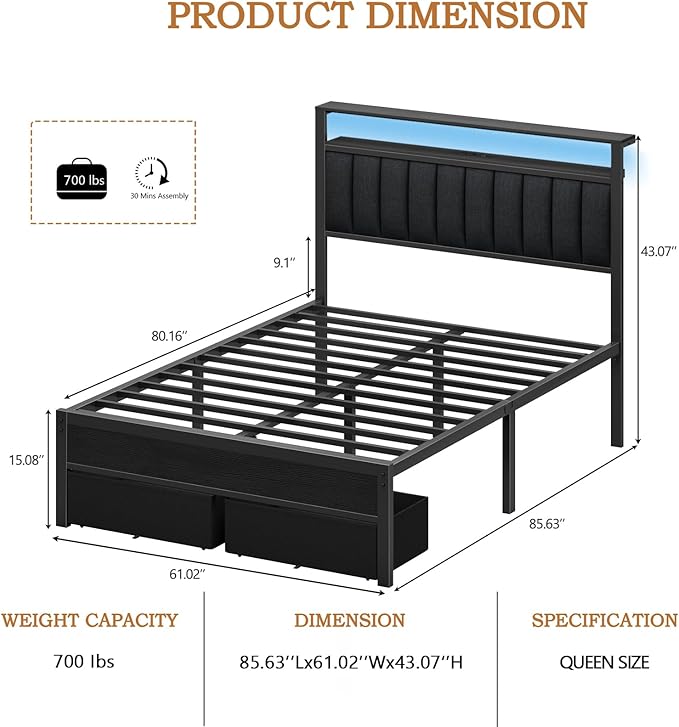 Furnulem Queen Bed Frame with Charging Station and LED Lights Grey Upholstered Headboard with Shelves Metal Platform Bed with 2 Under-Bed Storage (Fabric Drawer on Wheels) No Box Spring Needed