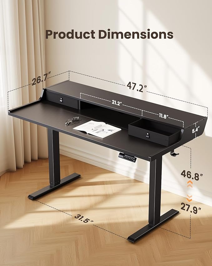 ErGear Electric Standing Desk with Drawers 48″ x 24″ Gaming Table Compatible Monitor Stand Stand up Desks Home Office Height-Adjustable Desk with Storage Shelf 4 Preset Heights Black