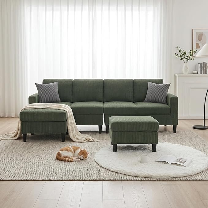 101 L-Shape Modular Sectional Couch Convertible Corduroy Couch with 2 Ottomans Modern 4 Seater Upholstered Modular Sectional Sofa for Apartment Living Room Dark Green