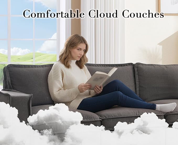 EALSON 119 Modular Sectional Sofa Comfy Cloud Couch with Ottoman Modern Convertible L Shape Couches with Wooden Legs Linen Deep Seat Couch 4-Seater Sofa with Ottoman for Living Room/Apartment Grey