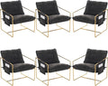 Modern Accent Chair Set of 6 Comfy Reading Armchair with Backrest and Metal Frame Upholstered Living Room Chairs for Bedroom/Office (Dark Gray Gold Legs Set of 6)