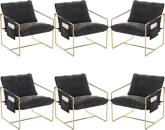 Modern Accent Chair Set of 6 Comfy Reading Armchair with Backrest and Metal Frame Upholstered Living Room Chairs for Bedroom/Office (Dark Gray Gold Legs Set of 6)