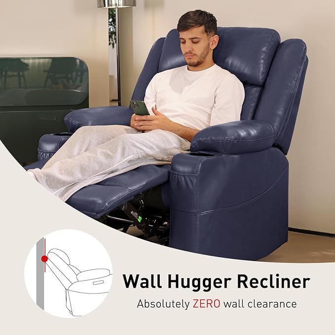EONIX Wall Hugger Recliner for Small Space Real Zero Clearance Power Recliner Lazy Boy Recliner Chair with Cup Holders for RV Living Room Bedroom SXXY011990 Navy Blue