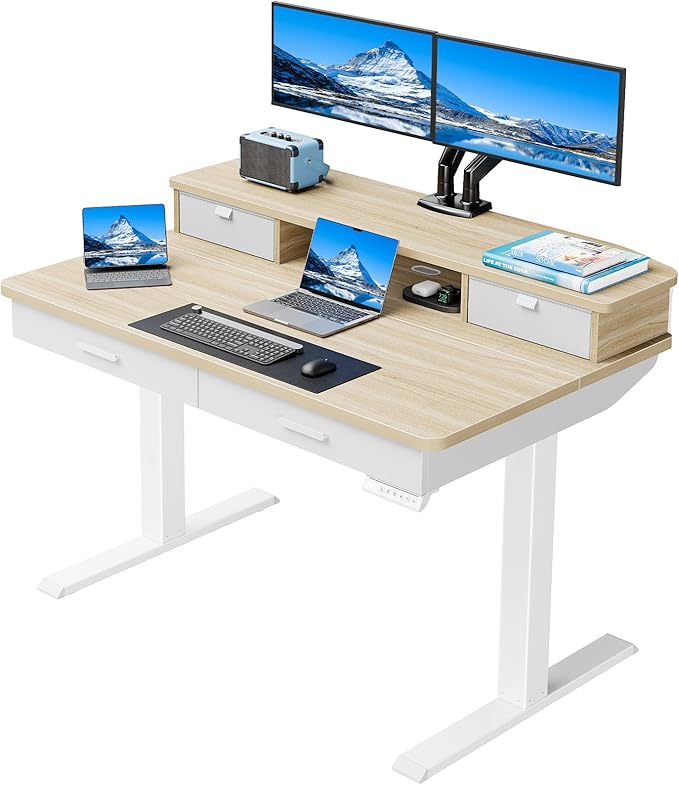 HUANUO 48 x 30 inch Electric Standing Desk with 4 Drawers Adjustable Height Sit Stand Home Office Desk with Two Tiers Ergonomic Adjustable Stand up Desk C-Clamp Monitor Mount Compatible Natural