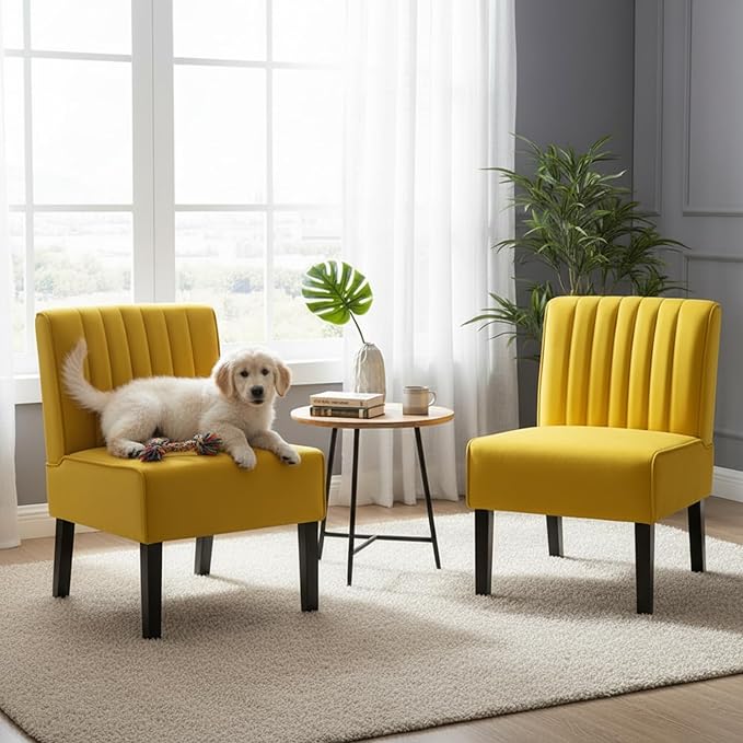Reese Mid Century Modern Accent Chairs Set of 2 with Minimalist Design Elegant Velvet Upholstery and Solid Wood Legs Ideal for Living Room or Bedroom Yellow
