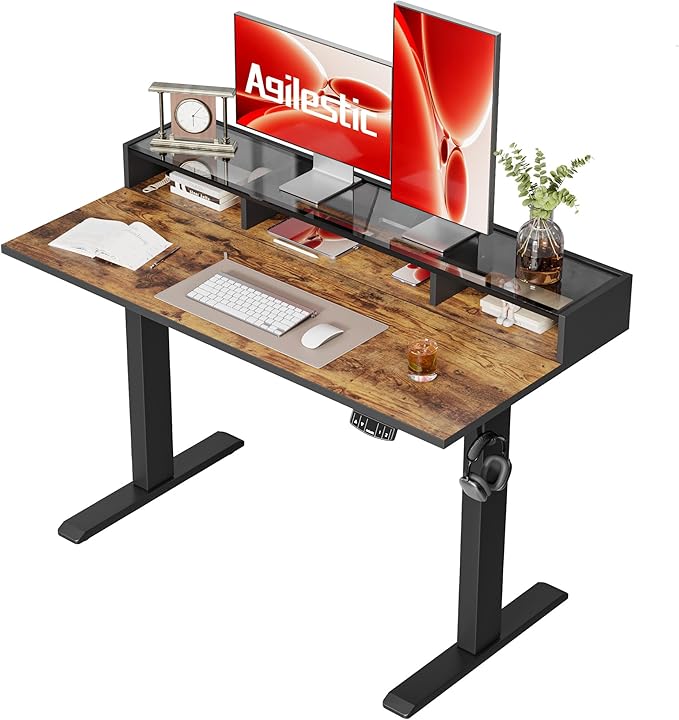 Agilestic Glass Standing Desk with Storage 48 Inch Electric Adjustable Desk with Glass Shelf Sit Stand Up Home Office Computer Table Splice Board Rustic Brown