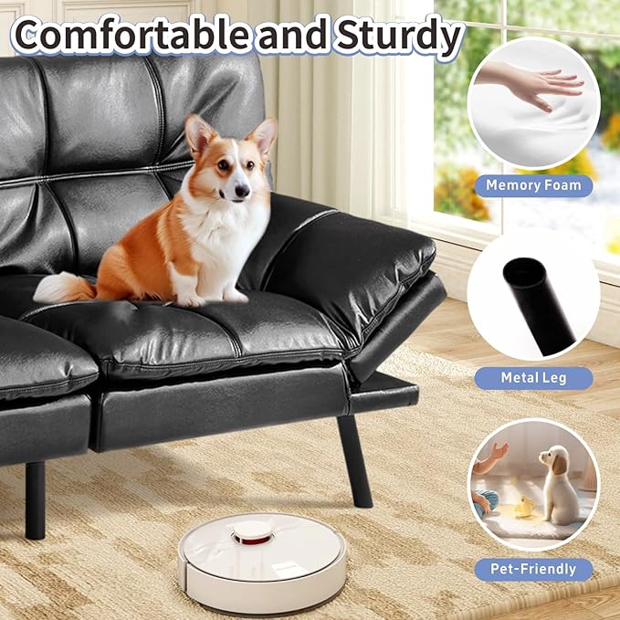MUUEGM Black Futon Sofa Bed Leather Memory Foam Modern Office Couch Sleeper Bed Convertible Love seat Sofa for Small SpacesApartmentOffice with Adjustable Armrest Backrest