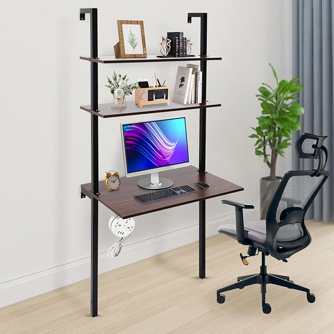 Wall Mounted Desk Floating Laptop Desk with 2 Storage Shelves Industrial Ladder Desk Wall Table Creative Hanging DeskMultifunctional Computer Workstation for Home Office