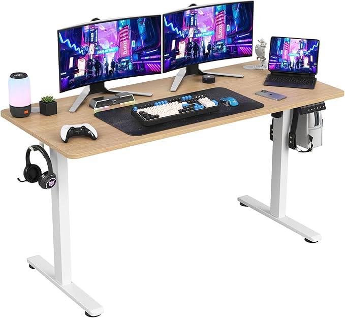 Soohow Electric Standing Desk 55 * 24 Inches Adjustable Computer Gaming Desk Stand up Office Desk for Home Office Bedroom Splice Board Natural and White
