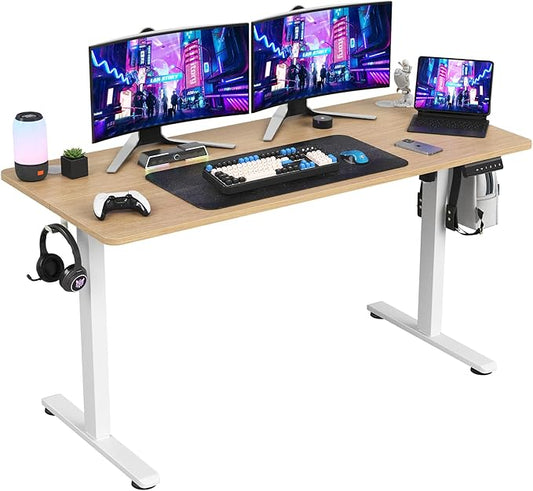 Soohow Electric Standing Desk 55 * 24 Inches Adjustable Computer Gaming Desk Stand up Office Desk for Home Office Bedroom Splice Board Natural and White