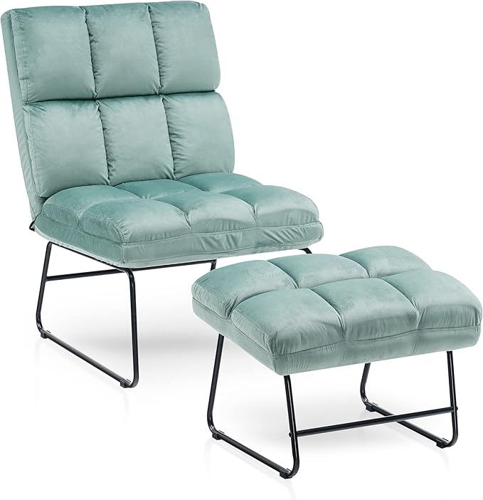 MCombo Velvet Accent Chair with Ottoman Set Modern Armless Chair for Living Room Bedroom Small Space 0014 (Velvet Light Green)
