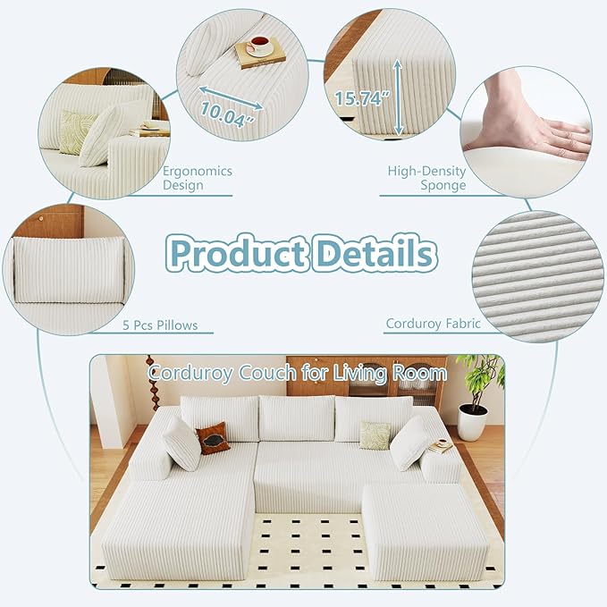 96 W Cloud Sectional Couch with OttomanModern U-Shaped Cloud Couch with Deep SeatComfy Corduroy 3-Seater SofaMemory Foam Sofa for Living RoomNo Assembly (WhiteLeft-Facing Chaise)