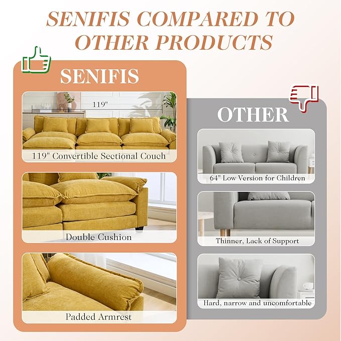 Modular Sectional Sofa 119 L Shaped Couch Set with Movable Ottoman Chenille Comfy Cloud Couch Sectional Set Extra Deep Seat Sofa with 3 Pillows for Living Room (Yellow 3-Seat &amp 1-Ottoman)