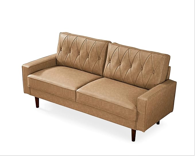 Container Furniture Modern Style Faux Leather Sofa with Elegant Round Tapered Legs and Button Tufted Backrest Perfect for Living Room Bedroom or Home Office 69.3’’ Wide Camel