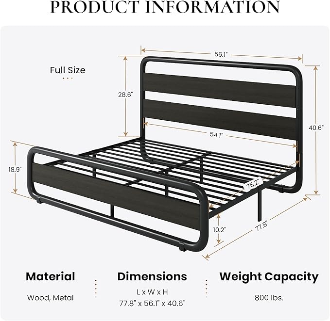 SHA CERLIN Full Size Metal Bed Frame with Wooden Headboard and Footboard Heavy Duty Oval-Shaped Platform Bed Frame with 10 Under-Bed Storage Noise Free No Box Spring Needed Black