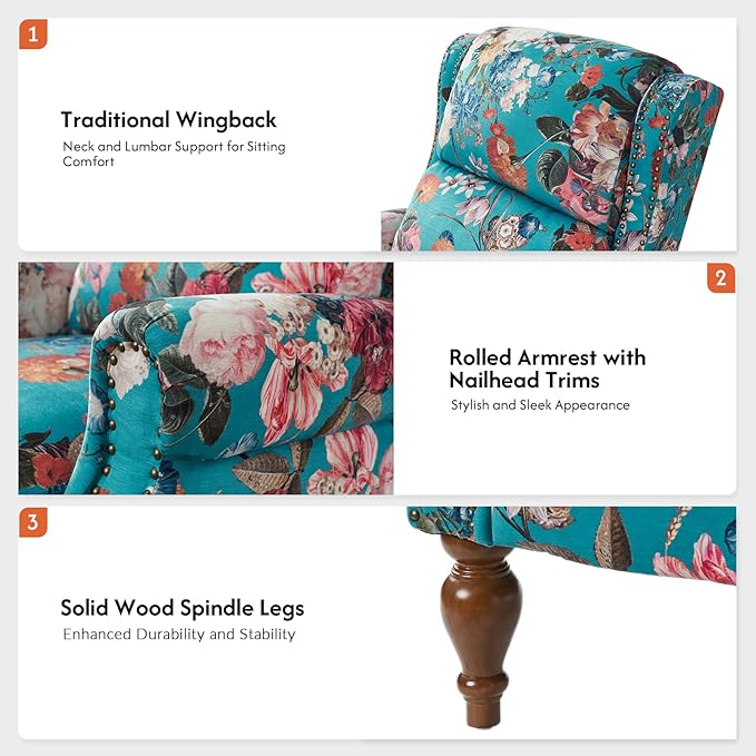 Pushback Recliner Chair Upholstered Floral Fabric Wingback Chair Single Sofa Accent Chair with Wood Legs and Rivet Decoration for Living Room Bedroom Peacock