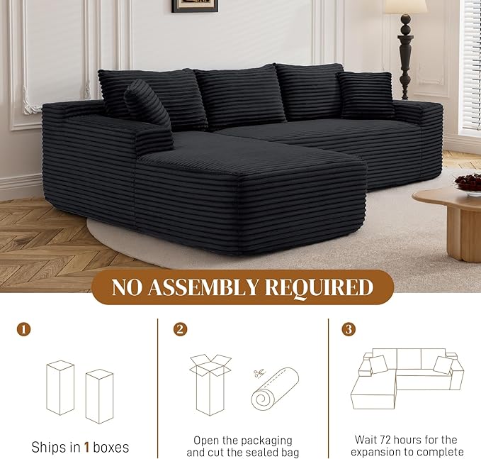 95 Boneless Cloud Sectional Couches for Living Room Comfy Fluffy L Shaped Memory Foam Deep Seat Boneless Couch Modular Sectional Sofa with Left Facing Chaise Black