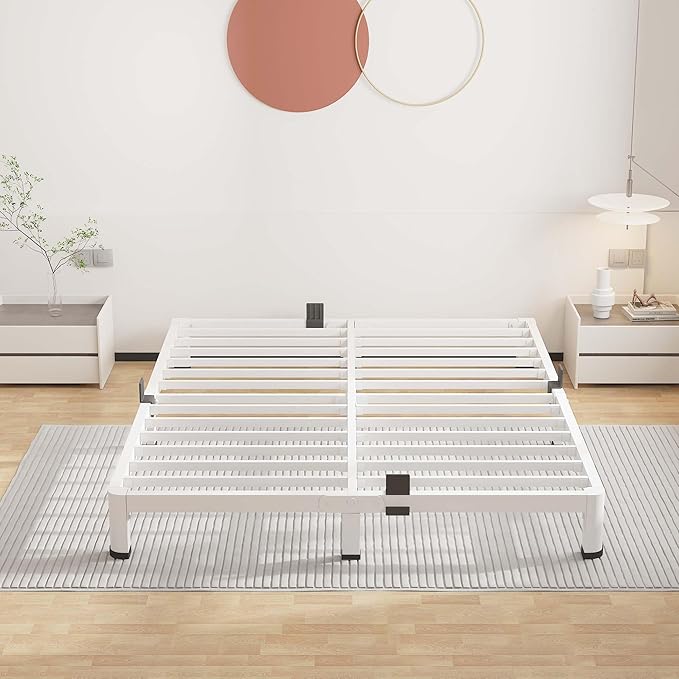 ROIL 4 Inch White Queen Bed Frame with Rounded Corner and Mattress Retainers 3500LBS Heavy Duty Steel Slats No Box Spring Needed Platform Noise-Free Easy Assembly
