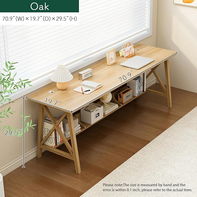 Extra Long Desk with Bookshelf - Wooden Home Office Work Study Table 2-Person Writing Computer Workstation with Storage Shelf in Oak 71 Wx20 Dx30 H
