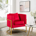 Modern Velvet Accent Chair with Lumbar Pillow Mid-Century Upholstered Barrel Armchair for Living Room Bedroom Single Sofa Club Reception Chair with Golden Metal Legs Rose Red