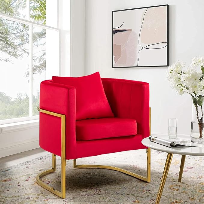 Modern Velvet Accent Chair with Lumbar Pillow Mid-Century Upholstered Barrel Armchair for Living Room Bedroom Single Sofa Club Reception Chair with Golden Metal Legs Rose Red