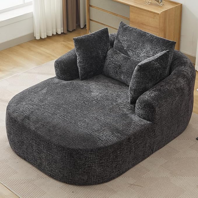 65.7 Oversized Chaise Longue Chair Indoor Modern Upholstered Corduroy Deep Seat Sofa Bed with Throw Pillows and Armrests Sleeper Sofa Couch for Living Room (Black)
