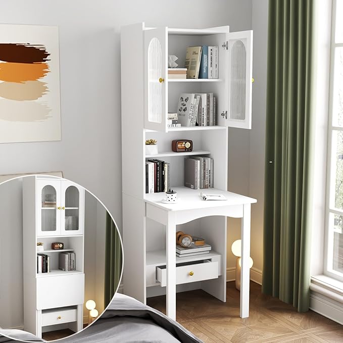 KEIKI Fold-Out Home Office Desks Writing Table with Glass Doors Drawers Bookshelf &amp Storage Shelves Modern Wooden Convertible Workstation for Work Study