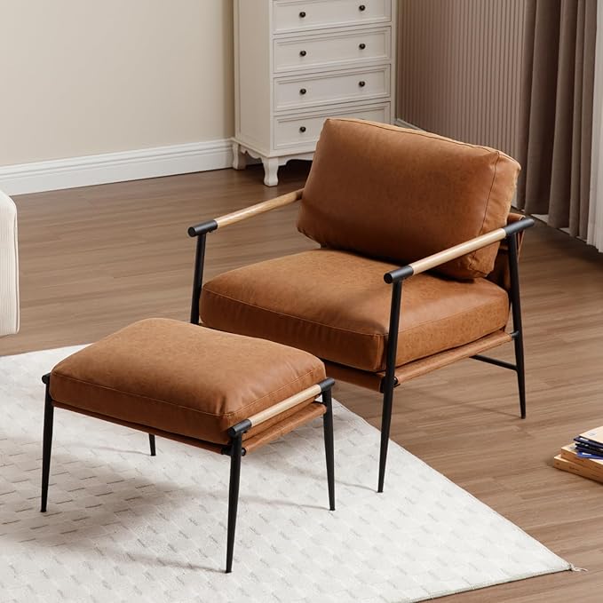 DUOMAY Mid Century Modern Accent Chair with Ottoman Set Brown PU Leather Upholstered Living Room Chair with Metal Legs Lazy Lounge Chair Set with Footrest for Bedroom Living Room