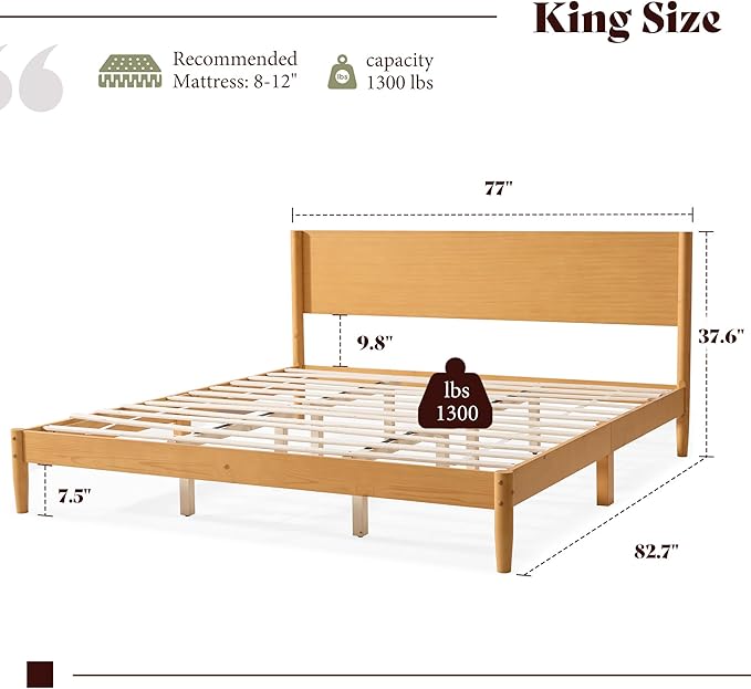 AMERLIFE Solid Wood King Size Bed Frame Mid Century Modern Platform Bed with Full Panel Headboard Noise-Free &amp Cylindrical Legs No Box Spring Needed Under-Bed Storage Natural Wood