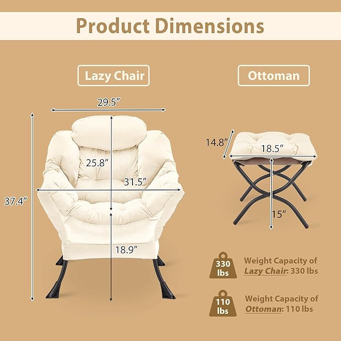 Lazy Chair with Folding Ottoman Accent Chair Velvet Upholstered with Metal Structure and Non-Slip Pads Sofa Armchair with Footrest and Side Storage Bag for Dorm Room Office Beige