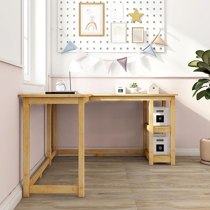 Max &amp Lily L Shaped Desk Corner Desk for Home Office Gaming Computer with Storage Shelves 55 x 55 Inches Natural