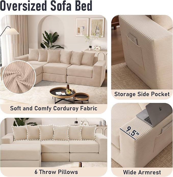 102 Upgraded L-shaped Modular Sectional Couches for Living Room Convertible Oversized Sleeper Sofa Bed-Luxury 1.5 Queen Bed. 11-in-1 Multifunctional Corduroy Boneless Folding Futon Couch Beige.