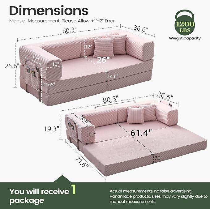 Multi-functionalcorduroy Sofa Bed Crafted from Corduroy Fabric is Ideal for Apartments and Living Rooms. Sleeper Sofa Couch Folding futon or Foldable Floor Convertible Floor Studio | Multi-functiona