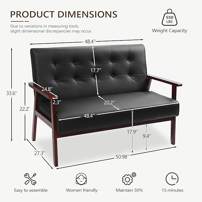 JIASTING Mid-Century Modern Solid Loveseat Sofa Upholstered Faux Leather Couch 2-Seat Wood Armchair Living Room/Outdoor Lounge Chair Waiting Room Sofa 50”W