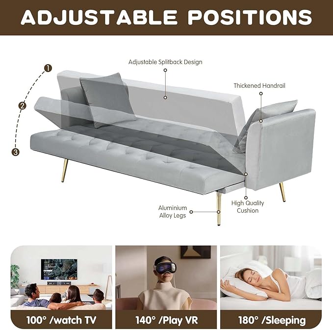 71Convertible Futon Sofa Bed - Modern Velvet Sleeper Couch with Adjustable Backrest Tufted Recliner with Golden Chrome Legs &amp 2 Pillows Perfect for Small Spaces Living Room &amp Apartment (Gr