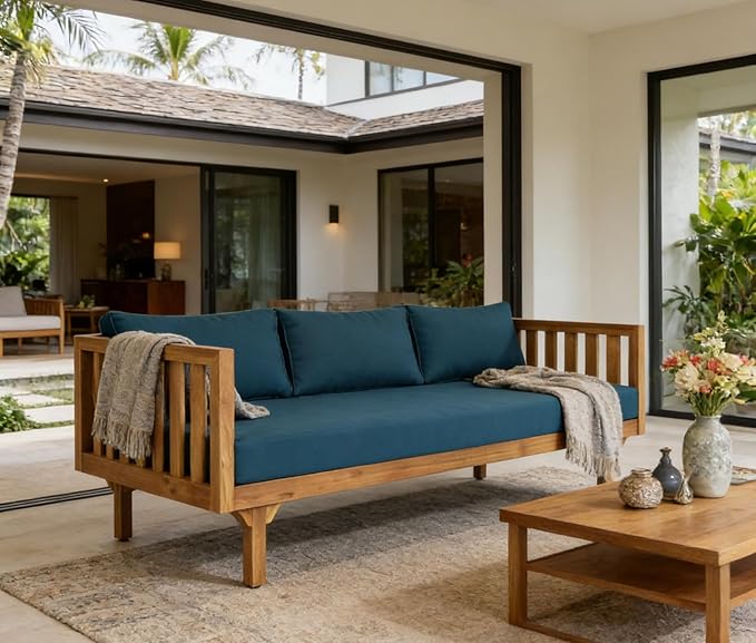Merax Solid Acacia Wood Couch Chaise Lounge Chair Indoor 3 Seater Daybed Sofa Couches with Cushions &amp Pillow Heavy Frame Day Bed for Living Room Office Outdoor Balcony Patio Water Resistant