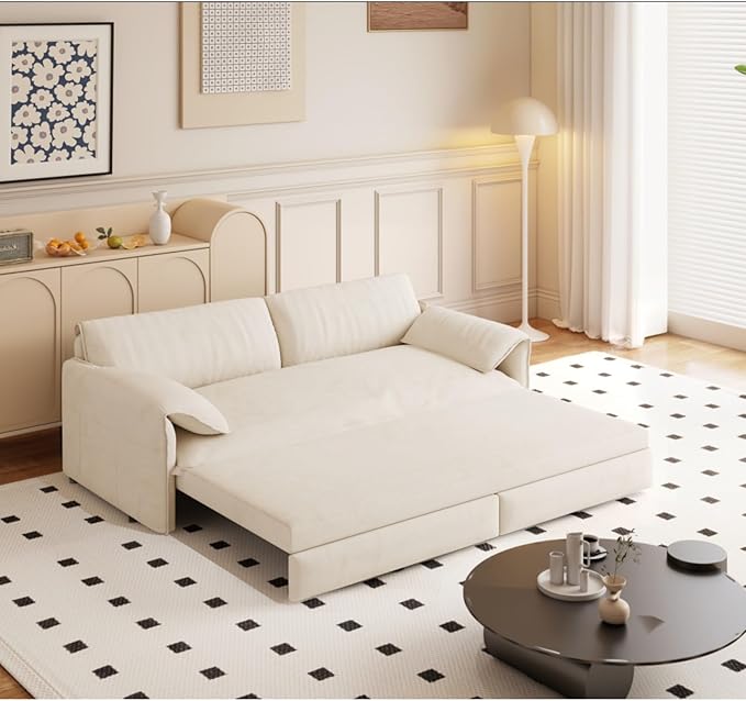 66 Queen Loveseat Pull Out Couch with Side Storage 3-in-1 Convertible Sleeper Bed Lounge Velvet Love Seat Sofa Bed for Livingroom Apartment Bedroom Office Space Saving Beige