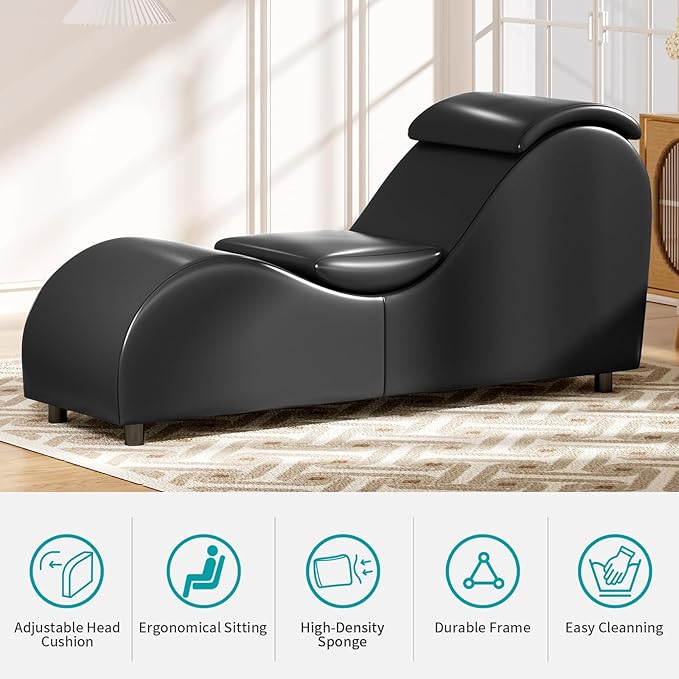 BALUS 60'' Yoga Chairs Curved Chaise Lounge Chair for Adults Stretching Exercising Relaxing Ergonomically Designed Yoga Sofa Lounges Chair with Head Cushion for Living Room Bedroom Black