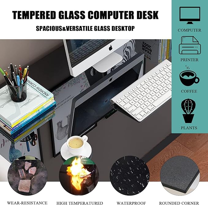 Computer Desk Tempered Glass Desk Home Computer with Metal Frame Desk Table for Home Office Gaming Modern Sturdy Writing Desk for Small Spaces 55.1-black