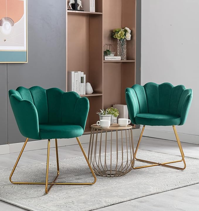 Velvet Accent/Conversation Lounge Chair with Iron Metal Gold Plated Legs Suitable for Office Lounge Living Room Set of 2 Green