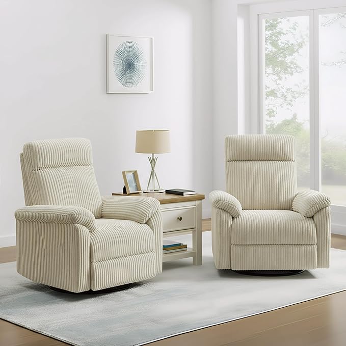 Swivel Rocker Recliner for Adults Corduroy 360 Degree Swivel Glider Recliner Manual 3-Position Adjustable Easy Assembly for Small Space Living Room Nursery Bedroom