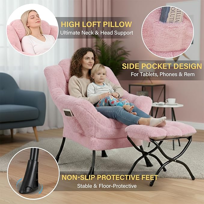 Lazy Chair and Ottoman Large Contemporary Plush Pink Accent Chair with Side Pocket Modern Leisure Upholstered Reading Armchair with Footrest for Office Bedroom Living Room Dorm Balcony