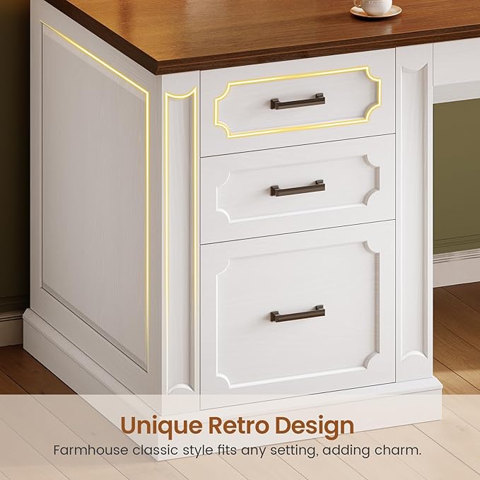 SEDETA 70.9 Executive Desk Farmhouse Office Desk with Drawers and Storage Cabinet Power Outlet Computer Deskfor Home Office Work Study Writing White