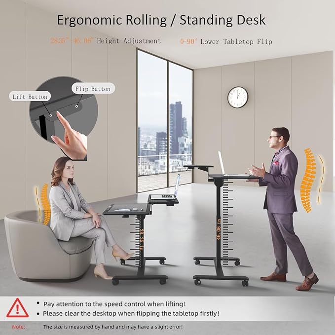 Pneumatic Standing Desk with Wheels - Adjustable Height 28 - 46 &amp 0-90° Tilt 31.5 x 17.7 Skin-Feel Desktop Rolling Computer Desk for Home Office Hospital School (Black)