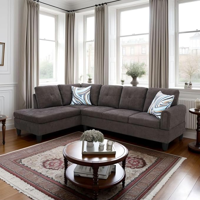 Dark Brown L-Shaped 3-Piece Flannel Sofa with Storage Ottoman Set Sectional Couch Sofa Set for Living Room Office Small Space