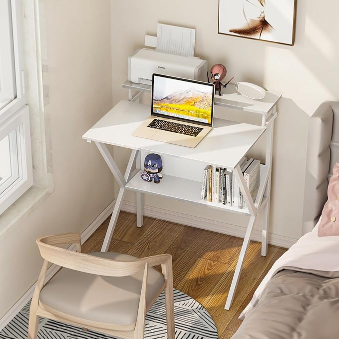 ODK Small Computer Desk 27.5 inch Desk for Small Spaces with Storage Compact Table with Monitor &amp Storage Shelves for Home Office Modern Style Laptop Desk Pure White