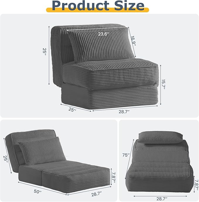 Single Convertible Sofa Bed with Fixed Frame &amp Thickened Cushion Boneless Couch Folding Chair Bed with 5-Position Adjustable Backrest Pull-Out Futon with Pillow for Small Spaces ApartmentGrey